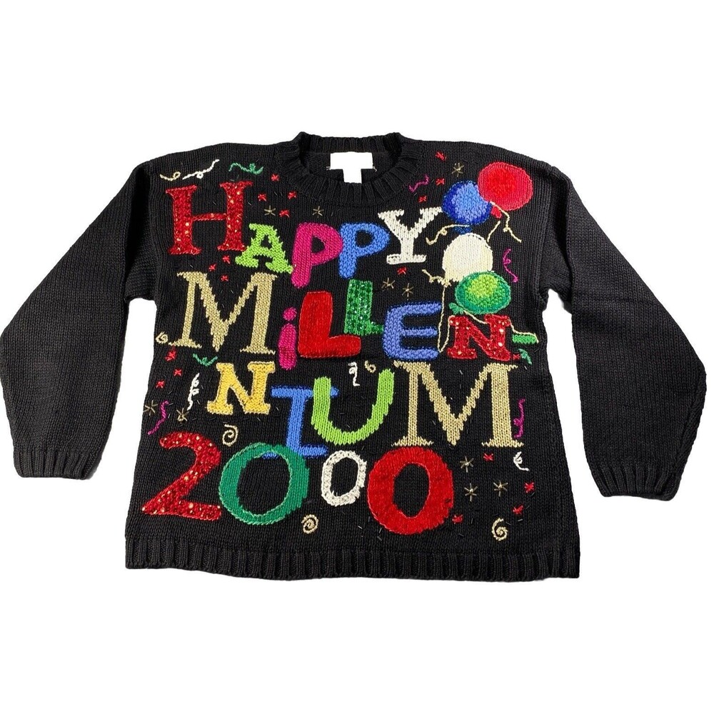 Vintage Annex Petite Happy Millennium 2000 New Year Sweater  Black Sz PM